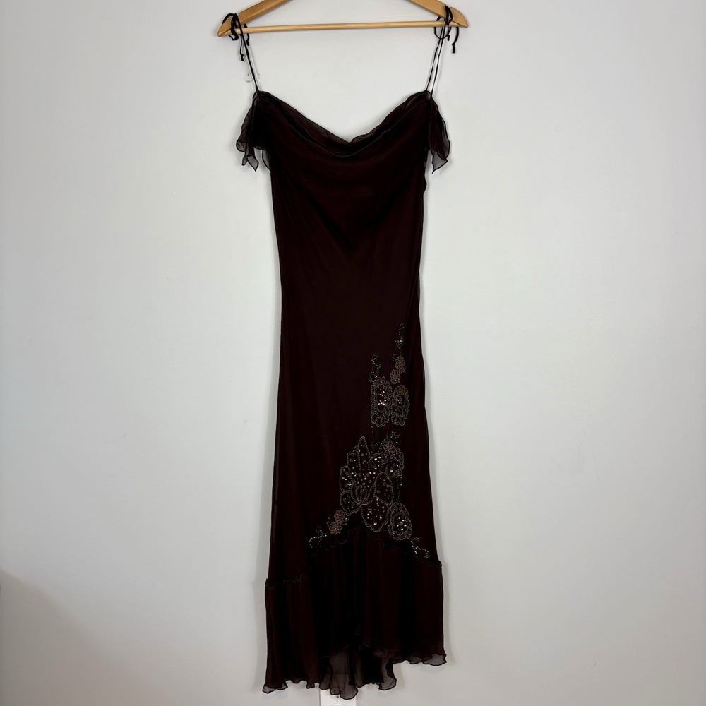 Vtg Y2K Silk Fairy Dress Beaded Romantic Whimsigoth Brown Gown Sz 8 Asymmetric